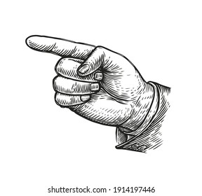 Hand Pointing Or Showing Direction Pointing Finger Retro Style. Vintage Vector Illustration