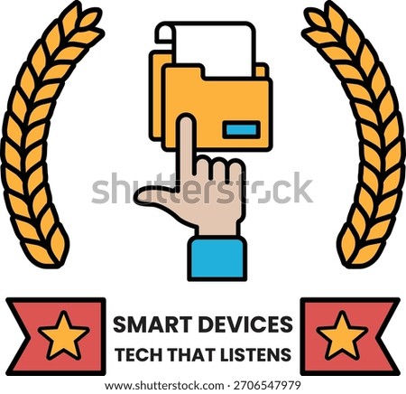 A hand pointing to a smart device with a star and laurels in the background. The image is about smart devices and technology that listens