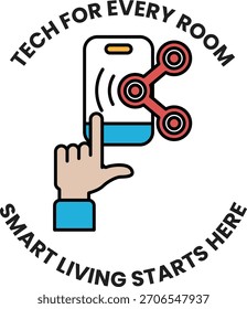 Una mano que apunta a un dispositivo inteligente con las palabras "Tecnología para cada habitación" en el fondo