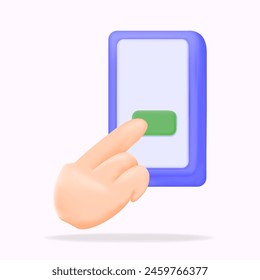 La mano que señala al dedo del smartphone y el Botón verde para presionar la ilustración 3d del Vector del teléfono celular de la pantalla táctil