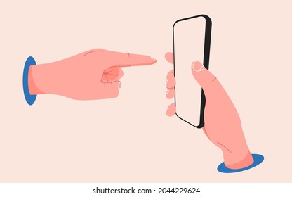 La mano apuntando a un smartphone. Dedo apuntando a la pantalla táctil. Plantilla de estilo plano de teléfono modificable. Ilustración vectorial.