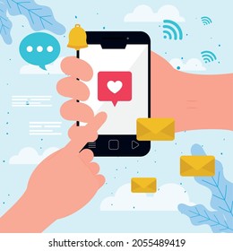 hand pointing smartphone of messaging theme