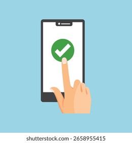 Hand pointing at smartphone screen flat design digital technology illustration