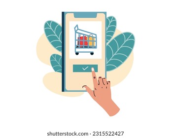 una mano está apuntando a la pantalla del smartphone y mostrando algunos de los artículos comprados en la cesta de la aplicación de tienda online
diseño plano
ilustración vectorial
