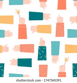 Hand pointing at something, holding sparklers, showing gestures seamless pattern on white. Like, dislike, palm, sign of the horns. Flat vector illustration in cartoon style.