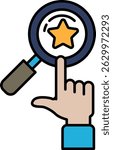 A hand pointing to a star in a magnifying glass. Concept of finding something important or valuable