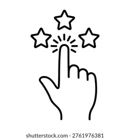 A hand pointing to a star rating symbol with three stars and sparkles, indicating a high rating or excellence