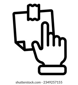 Indicación manual del icono de la línea de nota adhesiva. Dedo que apunta a la ilustración vectorial de la pegatina de papel aislada en blanco. Estilo de contorno del bloc de notas diseñado para y aplicación.