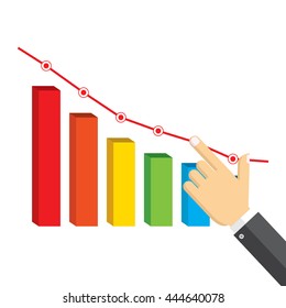 Hand pointing to the stock down on the white background.