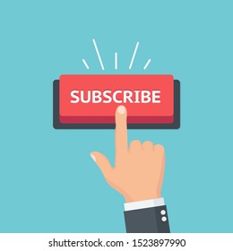 	
Hand pointing subscribe button. Content updates for video streaming concept