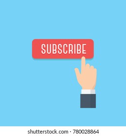 Hand pointing subscribe button. Content updates for video streaming concept