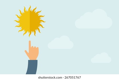 Eine Hand, die auf das Sonnensymbol zeigt. Ein zeitgenössischer Stil mit Pastellfarben, hellblauem, bewölktem Hintergrund. Vektorflache Design-Illustration. Horizontales Layout mit Textbereich auf dem rechten Teil.