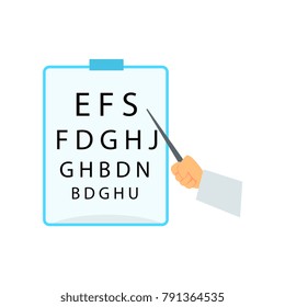 Hand pointing to the table for testing visual acuity, eyesight test chart for eye tests cartoon vector Illustration