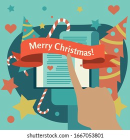 Hand pointing at tablet. Merry Christmas modern Greeting Card. Christmas elements, Christmas tree and stars.