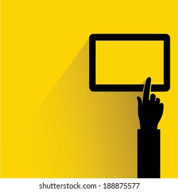 hand pointing tablet on yellow background, flat and shadow style