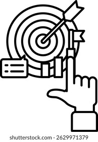 A hand pointing at a target with a bullseye and a crosshair. The target is surrounded by a circle and a bullseye