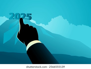 Hand pointing at the text 2025 on a distant mountain peak. Symbolizing future planning, ambition, business strategy, forecasting, success, and goal setting