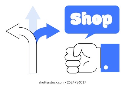 Hand pointing to three arrows in different directions next to a blue speech bubble with Shop text. Ideal for business, e-commerce, navigation, marketing, decision-making. Simple clean style