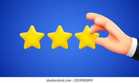 Hand pointing three gold star rating. Modern 3d style. Vector illustration