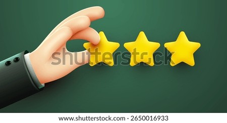 Hand pointing three gold star rating. Modern 3d style. Vector illustration