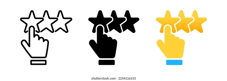 Hand pointing to three star rating line icon. Rating, customer review, evaluation. Feedback concept. Vector illustration can be used for topics like marketing, business, internet