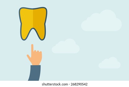A hand pointing to tooth icon. A contemporary style with pastel palette, light blue cloudy sky background. Vector flat design illustration. Horizontal layout with text space on right part.