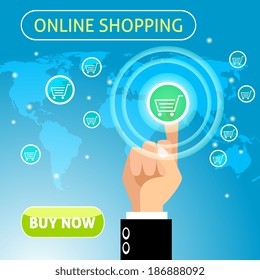 Hand with pointing touching finger on world map background buy now online shopping concept vector illustration
