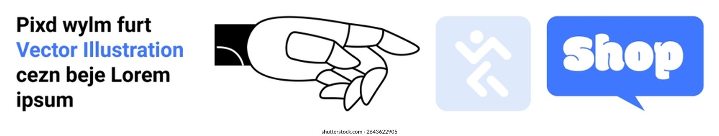 Hand pointing towards blue Shop button accompanied by social media icon and text. Ideal for online shopping, e-commerce, marketing, social media, and business websites. Banner for landing page