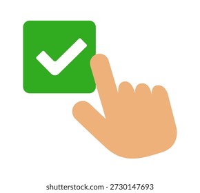 Uma mão apontando para uma marca de verificação verde, simbolizando aprovação ou confirmação.