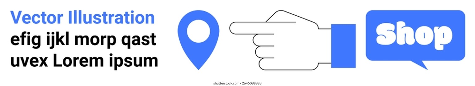 Hand pointing towards a shop button with a location pin and placeholder text. Ideal for online shopping, e-commerce, navigation, marketing, advertising. Banner for landing page