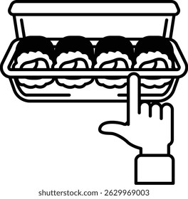 A hand pointing at a tray of sushi. The sushi is in a plastic container and is arranged in a row