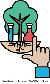 A hand pointing to a tree with a lab and a bottle of liquid. Concept of science and nature coming together