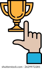 Una mano apuntando a un trofeo. El trofeo es de oro y tiene una parte superior puntiaguda. La mano apunta al trofeo, enfatizando su importancia