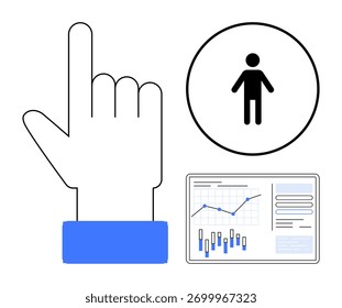 Hand pointing up, user icon in black circle, data analytics dashboard with graphs, charts, and data points. Ideal for user interface design, data analytics, business presentations, online platforms