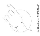 Hand pointing upward inside circular speech bubble outline illustration. Guidance, instruction. Gesture communication chat box isolated 2D vector image black and white. Linear drawing clip art