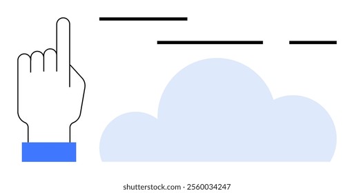 Hand pointing upward with two fingers extended. Blue cloud shape alongside horizontal black lines