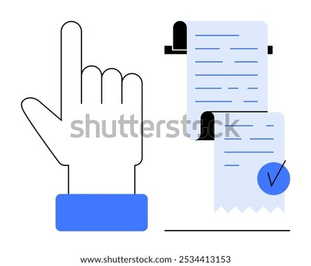 A hand pointing upwards is placed next to a scrolled document with text lines and a check mark on it. Ideal for concepts like approval, agreement, review, completion, and checklist. Clean, modern