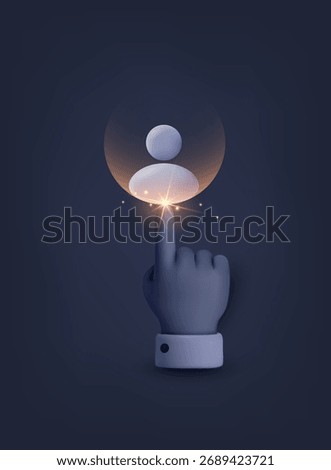 Hand pointing to user icon on screen, symbolizing selecting profile or giving approval in digital interface. 3D Vector Web Illustration.
