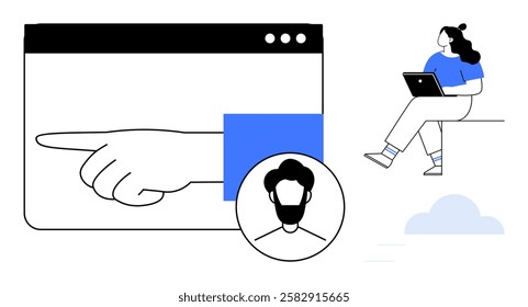 Hand pointing from web browser window, persons profile picture, woman with laptop sitting. Ideal for remote work, online meetings, digital communication, user interface design, tech tutorials