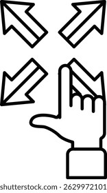 A hand pointing to a white arrow with four arrows pointing in different directions. Concept of multiple paths or choices, and the hand's gesture suggests that the viewer should choose one of them