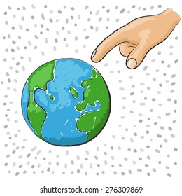 Hand pointing to the world, environment protection, vector illustration.
