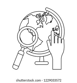 hand pointing world globe in black and white