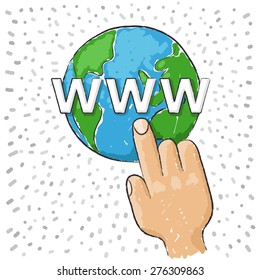 Hand pointing to the world, symbol of internet and web