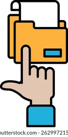 Uma mão apontando para uma pasta amarela. A pasta está aberta e com um rótulo branco