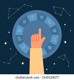 Hand pointing at zodiacal wheel flat vector illustration. Astrological signs on dark blue background. Astrology, horoscope concept for banner, website design or landing web page