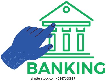 Hand points to bank building icon. Architectural structure for storing money of depositors and conducting transctions. Banking application symbol. Bank for business investment sign vector illustration