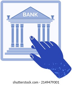 Hand points to bank building icon. Architectural structure for storing money of depositors and conducting transctions. Banking application symbol. Bank for business investment sign vector illustration