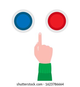 Hand points to blue and red selection buttons. Situation of choice, doubt, hesitation. Vector illustration