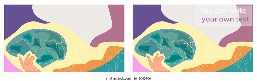 The hand points to the brain. Abstract illustration of brain processes and neural connections.