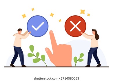 Pontos de mão para verificar e cruzar ícones com pessoas que representam opções de aceitar ou recusar para a tomada de decisões, isolado no fundo branco para negócios ou ilustração de vetor de pesquisa